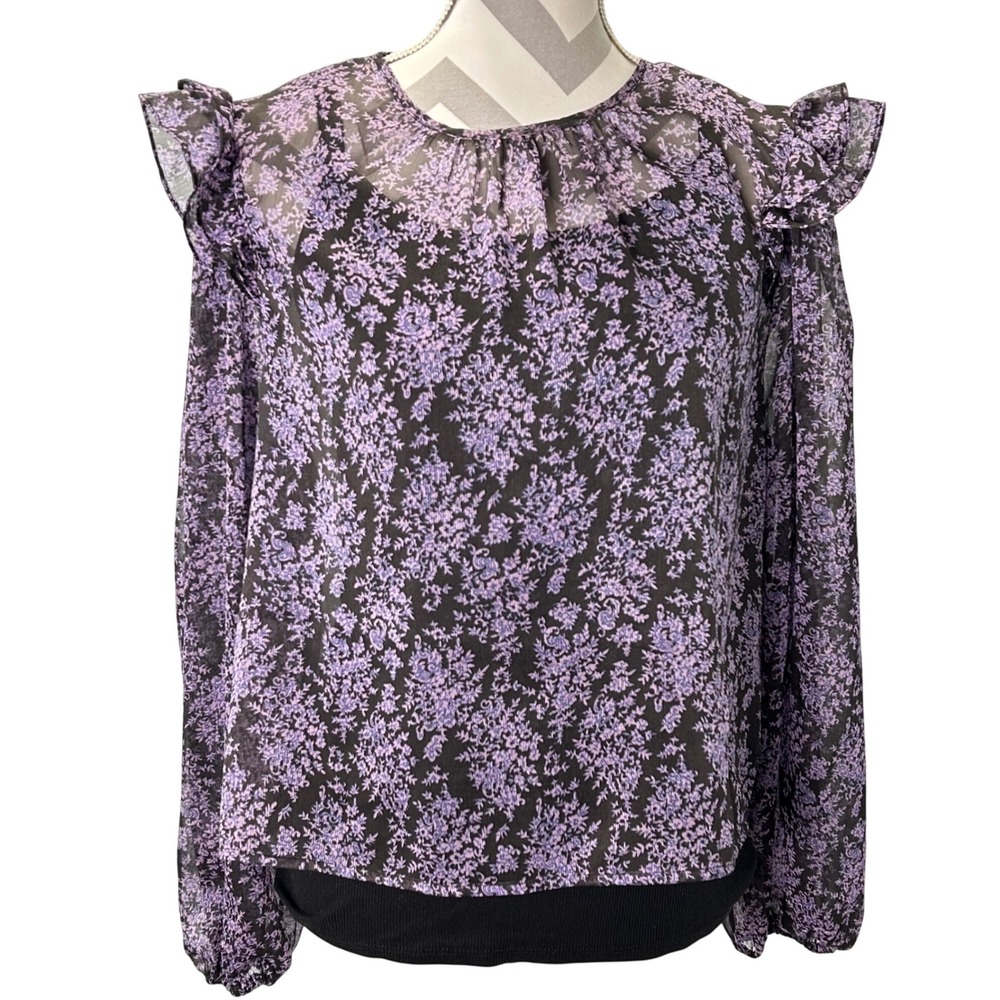 MINKPINK Black Purple Floral Sheer Ruffle Long Sleeve Blouse Women's Large